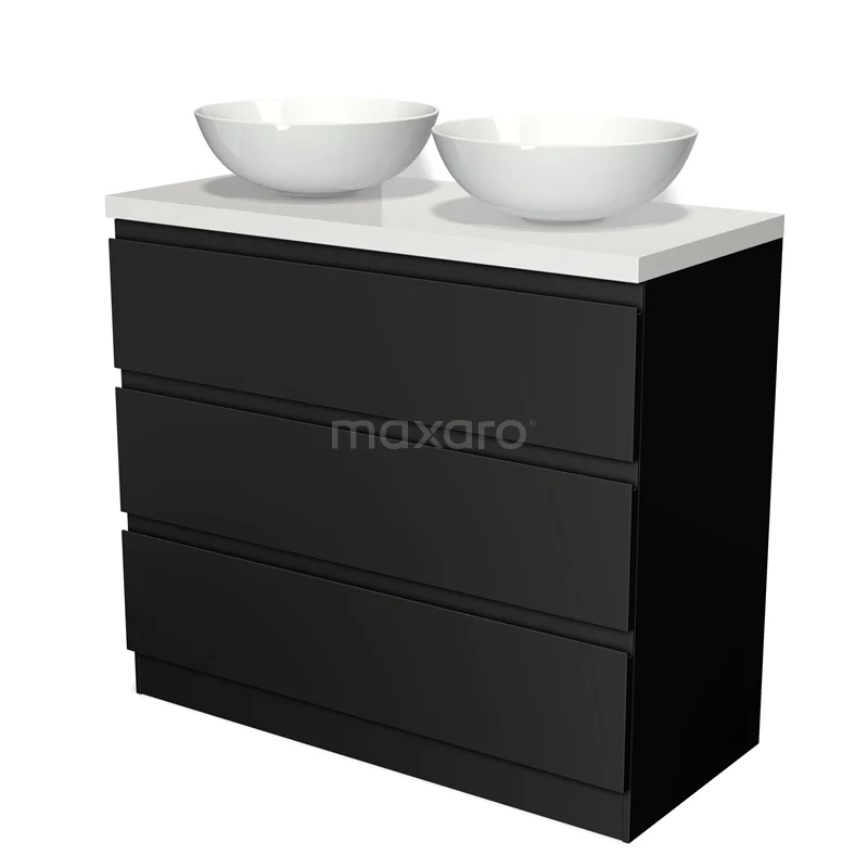 Modulo Plato Vanity units for countertop basin | 100 cm Matte black Handle-less front High-gloss white worktop 3 standing drawers BMK19S-00143