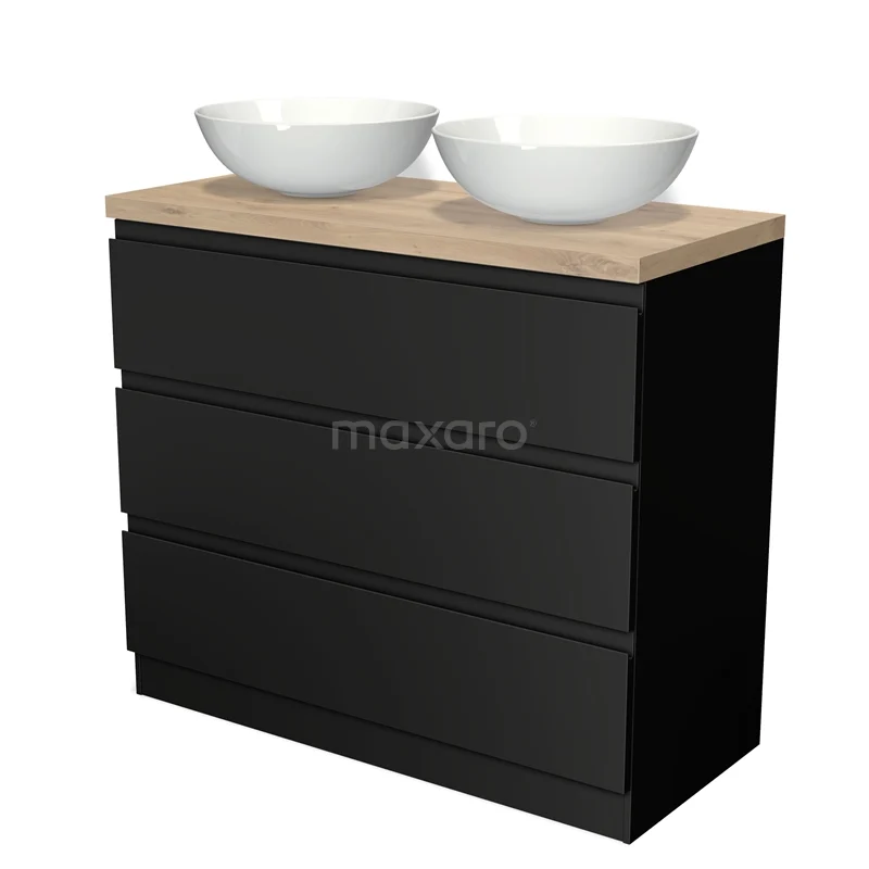 Modulo Plato Vanity units for countertop basin | 100 cm Matte black Handle-less front Light brown oak worktop 3 standing drawers BMK19S-00149