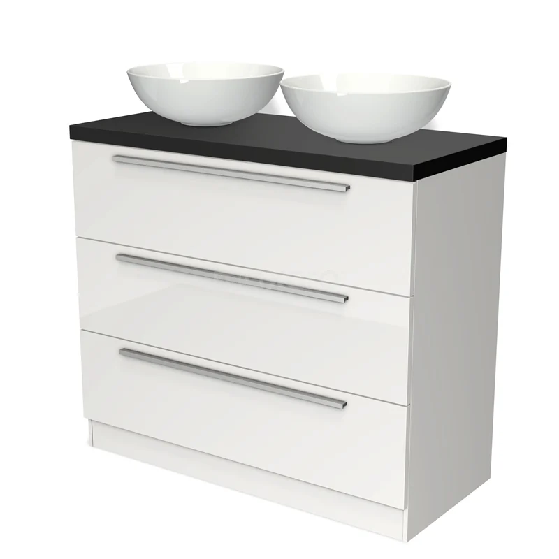 Modulo Plato Vanity units for countertop basin | 100 cm High-gloss white Flat front Matte black worktop 3 standing drawers BMK19S-00155