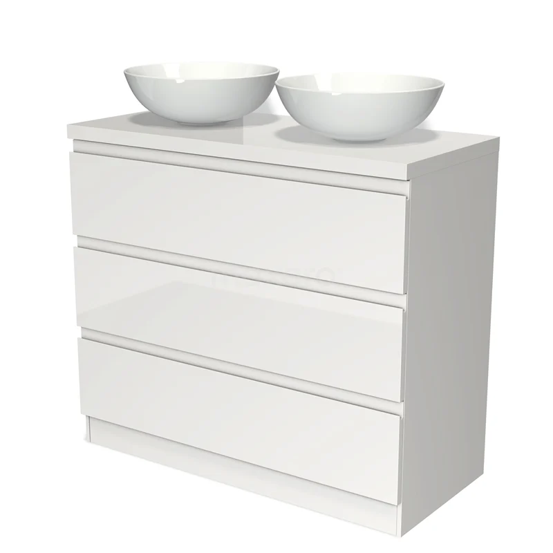 Badmöbel für Waschtischunterschrank mit Konsole 100cm Modulo Plato Hochglanz Weiß 3 Schubladen Stehender Schubladengriff Frei BMK19S-00185 Weiße Badmöbelset mit doppelten keramischen Aufsatzwaschbecken, modernem Design und drei breiten Schubladen für optimalen Stauraum.