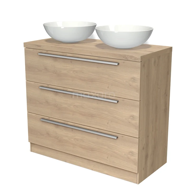 Modulo Plato Vanity units for countertop basin | 100 cm Light brown oak Flat front Light brown oak worktop 3 standing drawers BMK19S-00205