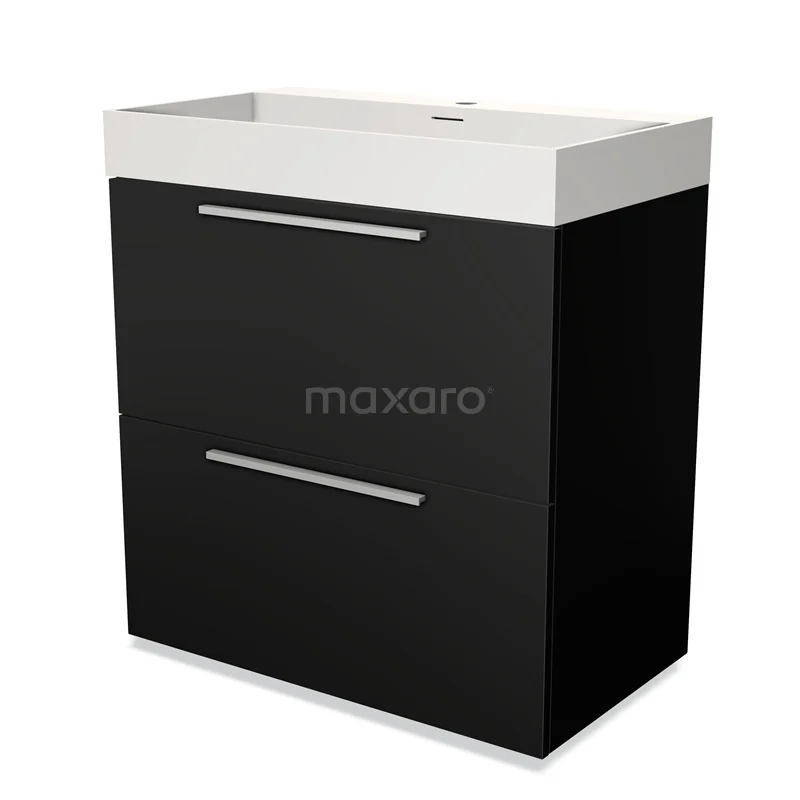 Badmöbel 80cm Modulo Matt Schwarz 2 hohe Schubladen Flaches Solid Surface Waschbecken BMW13-00008 Schwarzes Badmöbel mit weißem Waschbecken, schlankes Design und zwei Schubladen, ideal für moderne Badezimmergestaltung.