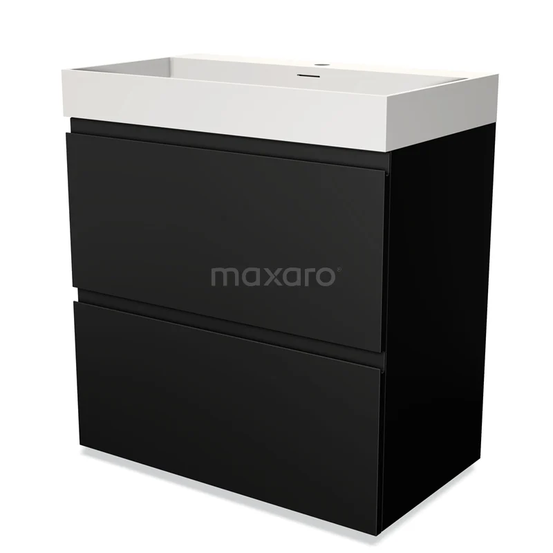 Zwarte badkamermeubel met twee lades en witte wastafel, modern design, ideaal voor stijlvolle en compacte badkamers.