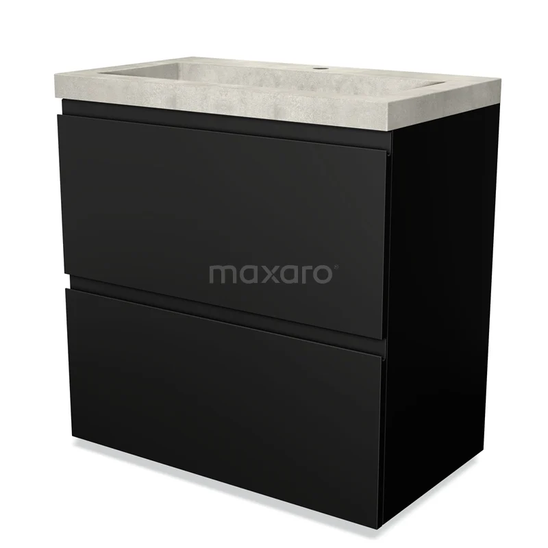 Zwart wastafelmeubel met twee lades en betonnen wasbak, modern design, perfect voor een stijlvolle badkamer.