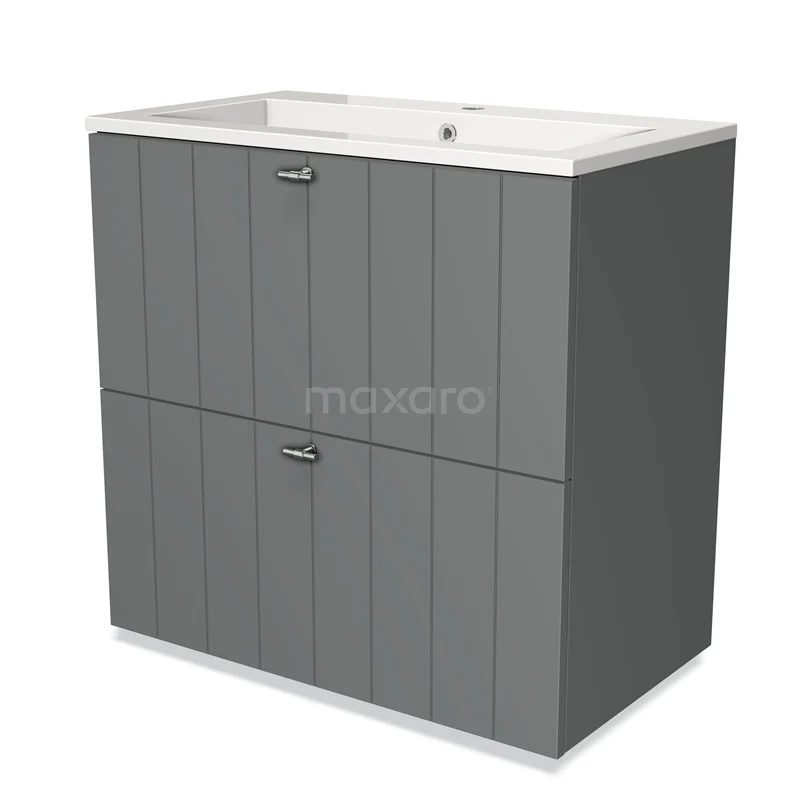 Grijze badkamermeubelset met wastafel, moderne geaccentueerde panelen en twee ruime opbergladen.