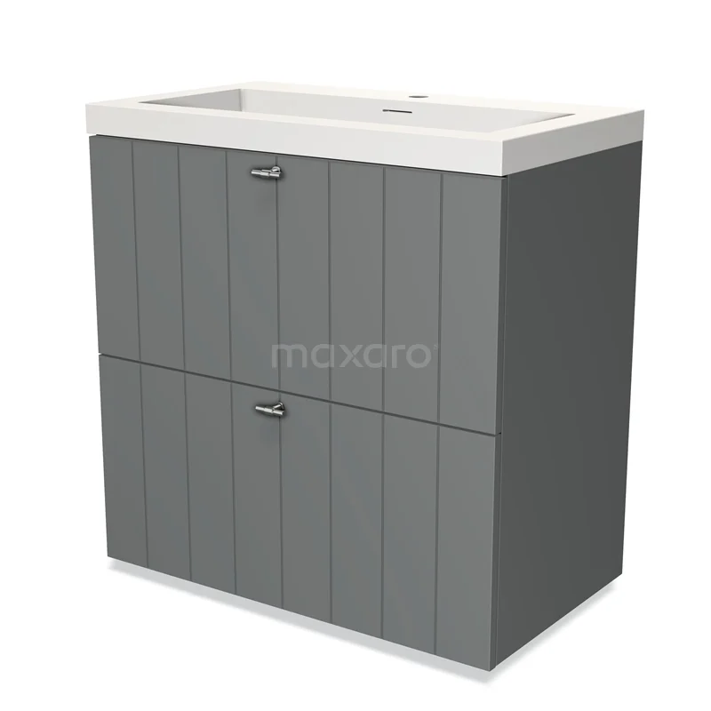 Grijze badkamermeubel met dubbele lades, verticale lijnen en witte keramische wastafel voor een moderne badkamerstijl.
