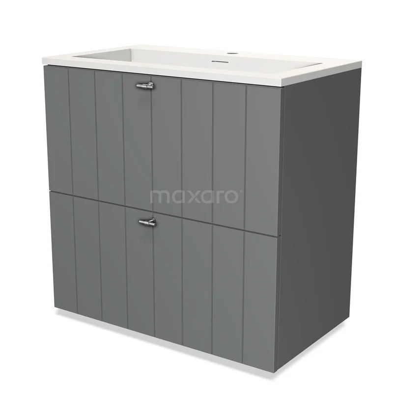 Grijze badkamerkast met houtnerfpatroon, twee lades en geïntegreerde wastafel; modern design voor stijlvolle badkameropslag.