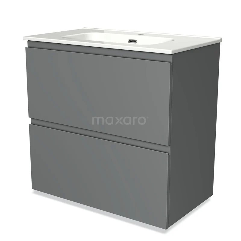 Grijs badkamermeubel met twee lades en een wit keramisch wastafelblad, modern design uit de minimalistische sleek-serie.
