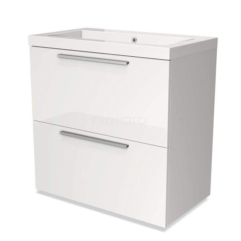 Wit badkamermeubel met 2 lades, strakke handgrepen, modern design en keramische wastafel, ideaal voor compacte badkamers.