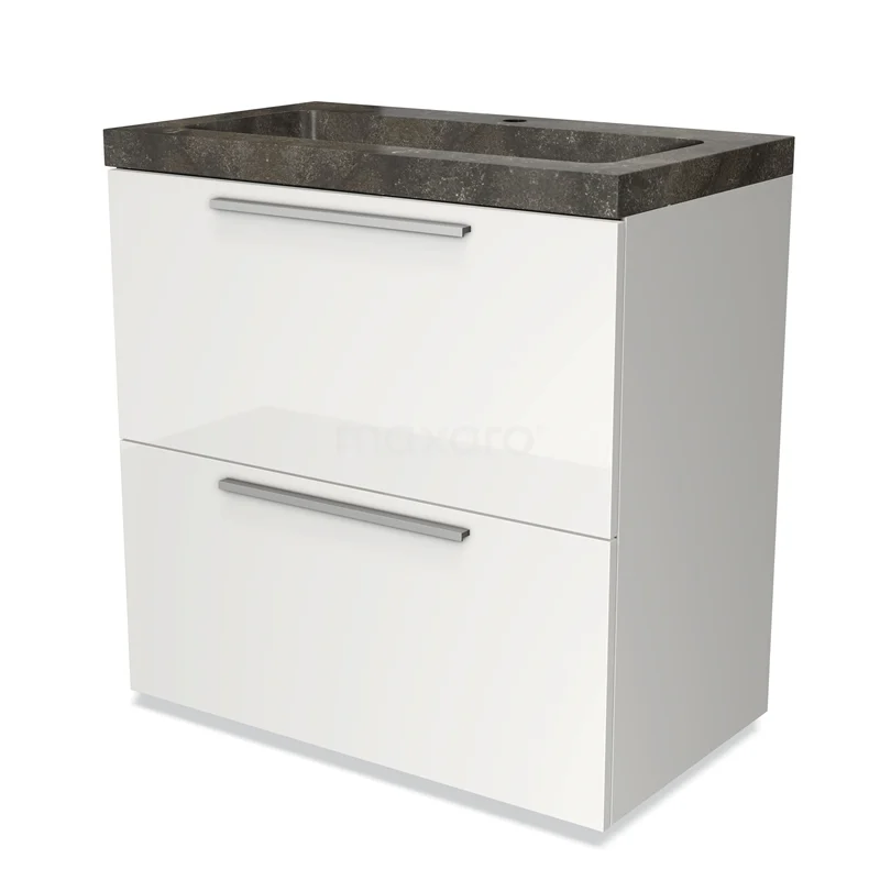 Hochglanz-Badmöbel 80cm Modulo Hochglanz Weiß 2 hohe Schubladen Flaches Waschbecken Naturstein Blaustein BMW13-00103 Weißes Badezimmermöbel mit zwei Schubladen, Chrom Haltegriffen und dunklem Natursteine Platte, modernes Design.