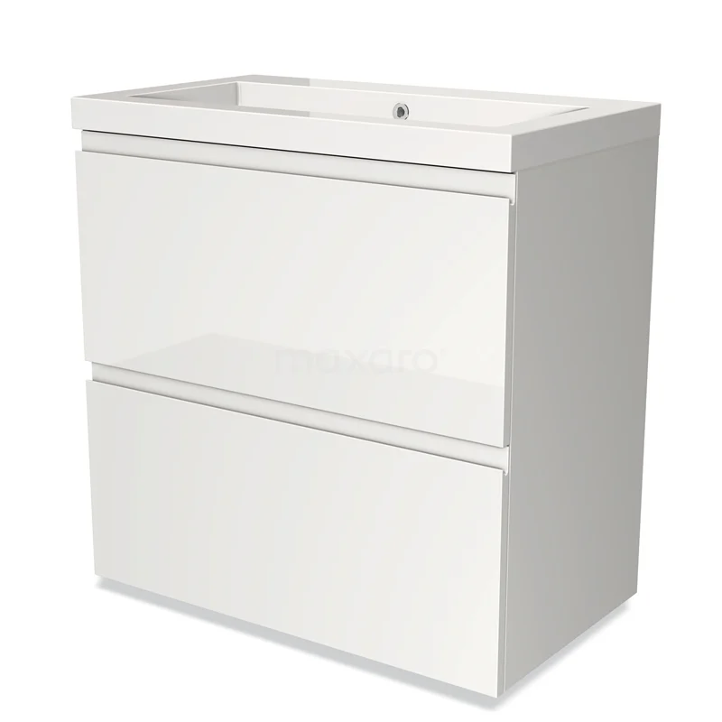 Modulo Vanity units with basin | 80 cm High-gloss white Handle-less front Mineral marble 2 stacked drawers under each other BMW13-00130 White bathroom unit with two drawers, clean design, suitable for modern bathrooms, made of high-quality materials.