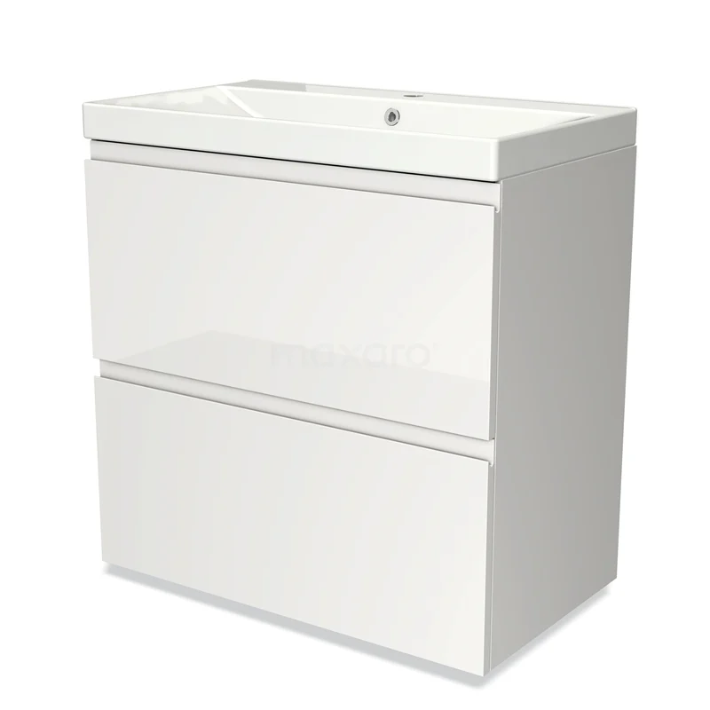 Wit hangend badkamermeubel met keramische wastafel, twee softclose lades en strak design voor moderne badkamers.