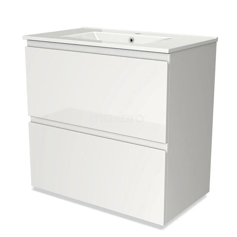 Wit badkamermeubel met twee greeploze lades, glanzende afwerking en geïntegreerde wastafel, perfect voor moderne badkamers.