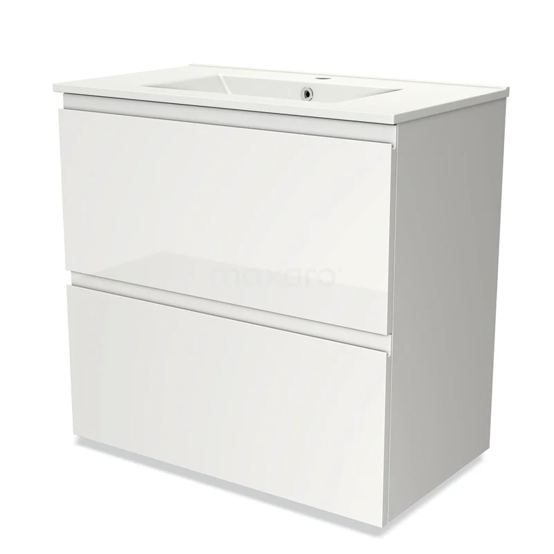 Wit badkamermeubel met twee lades en geïntegreerde keramische wastafel, modern design en hoogglans afwerking.