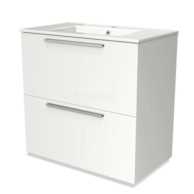 Badmöbel 80cm Modulo Matt Weiß 2 hohe Schubladen Flaches Waschbecken Keramik BMW13-00145 Weißes Badezimmermöbel mit zwei Schubladen, schlichten Metallhaltegriffen und integriertem Waschbecken, modernes Design aus nachhaltigen Materialien.