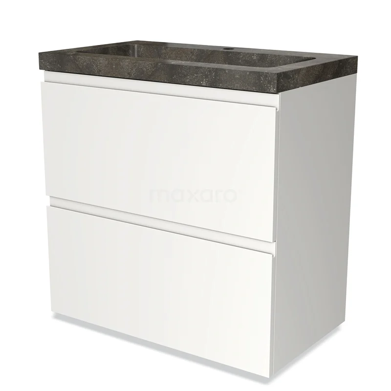 Wit zwevend badkamermeubel met twee lades en een donkergrijs stenen wastafelblad, strak modern design.