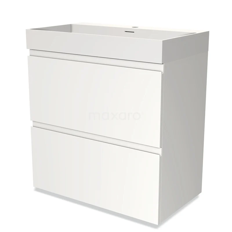 Wit badkamermeubel met twee lades, strak design en keramische wastafel, ideaal voor een moderne badkamerinrichting.