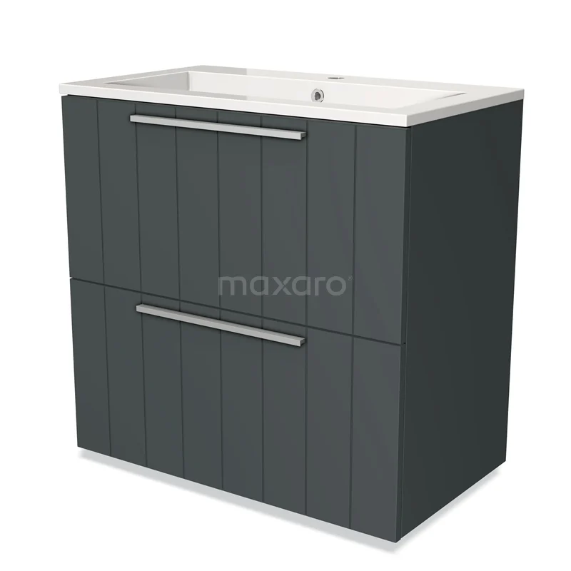 Grijze badkamerkast met dubbel softclose lade, modern design, keramische wastafel en metalen handgrepen.