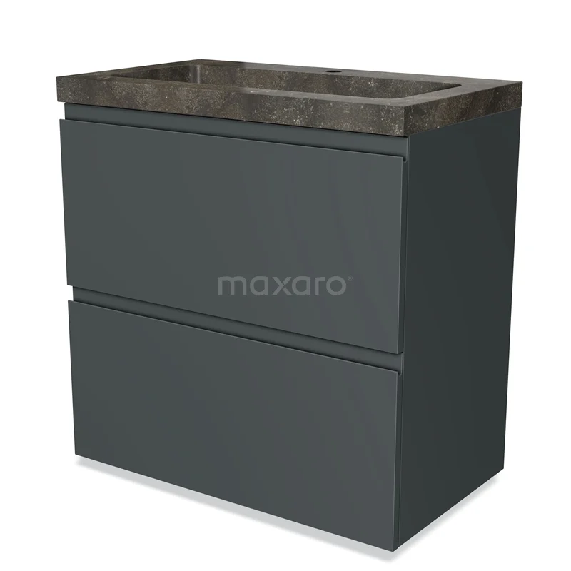 Badmöbel 80cm Modulo Dunkelgrau 2 hohe Schubladen Griffloses Waschbecken Naturstein Blau BMW13-00231 Graues Badezimmermöbel, zweilagig mit einem dunklen Marmorwaschbecken; modernes Design und stilvolle Aufbewahrungsoptionen.