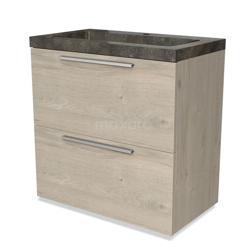 Badmöbel 80cm Modulo hellgraue Eiche 2 hohe Schubladen Flaches Waschbecken Naturstein Blaustein BMW13-00327 Holz-Badmöbel mit einem dunklen Natursteinlook Waschbecken, zwei Schubladengriffen, ideale Aufbewahrungslösung für ein modernes Badezimmer.