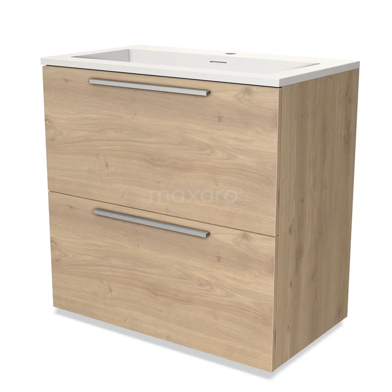 Wooden bathroom unit with two drawers, light oak colour, integrated vanity units with basin and metal handles for modern bathroom style.
