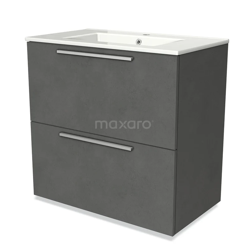 Grey bathroom furniture set with two soft-close drawers, ceramic basin and modern design, ideal for compact bathrooms.