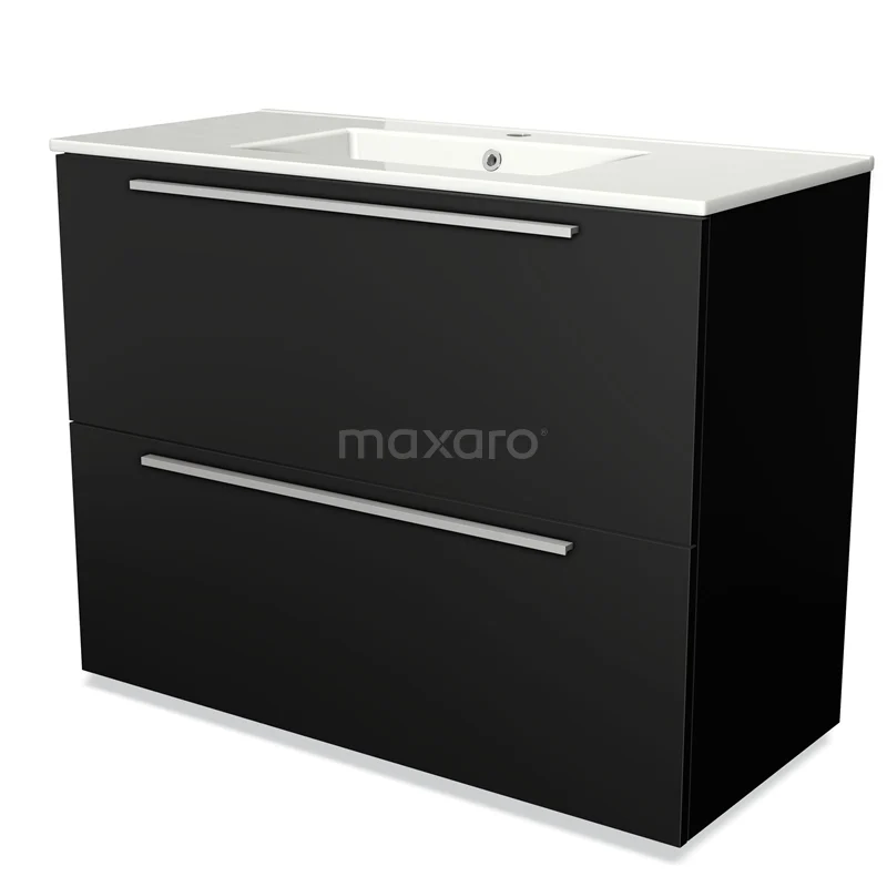 Badmöbel 100cm Modulo Matt Schwarz 2 hohe Schubladen Flaches Waschbecken Keramik BMW13-00513 Schwarzer Badschrank mit weißer Keramik-Waschtischplatte, zwei Schubladen mit silberfarbenen Griffen, modernes Design.