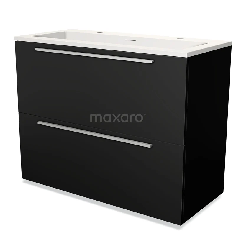 Zwarte badkamermeubel met twee lades, strak design, wit keramische wastafel, ideaal voor moderne badkamerinrichting.