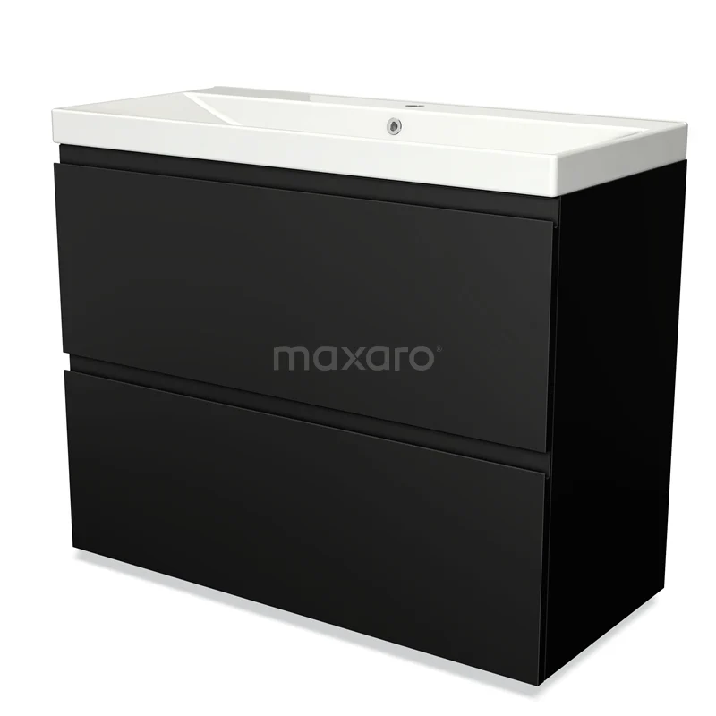 Zwarte badkamerkast met wastafel, strak design, twee lades, onderdeel van moderne badkamermeubel-serie.