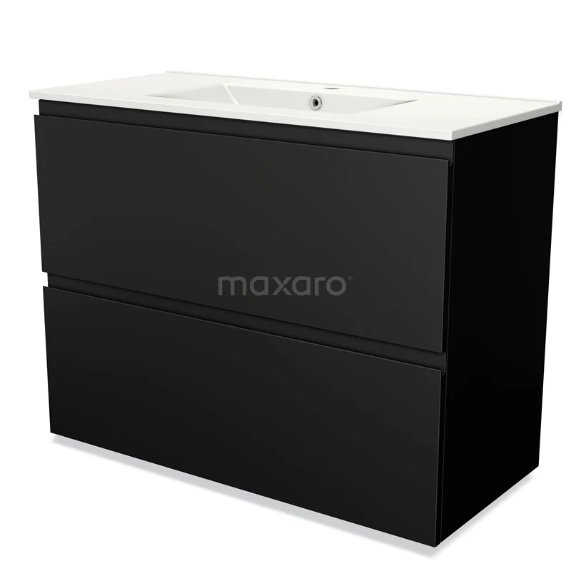 Zwarte badkamermeubelset met twee lades en witte wastafel, strak design en modern afwerking, perfect voor stijlvolle badkamers.