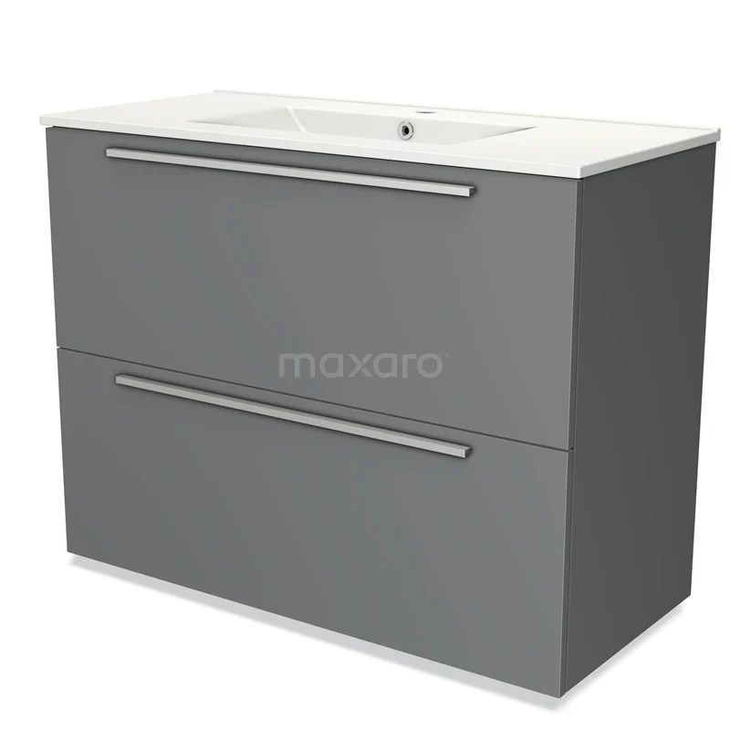 Grijze badkamermeubel met twee lades en een witte wastafel, strak ontwerp, perfect voor moderne badkamerinrichting.