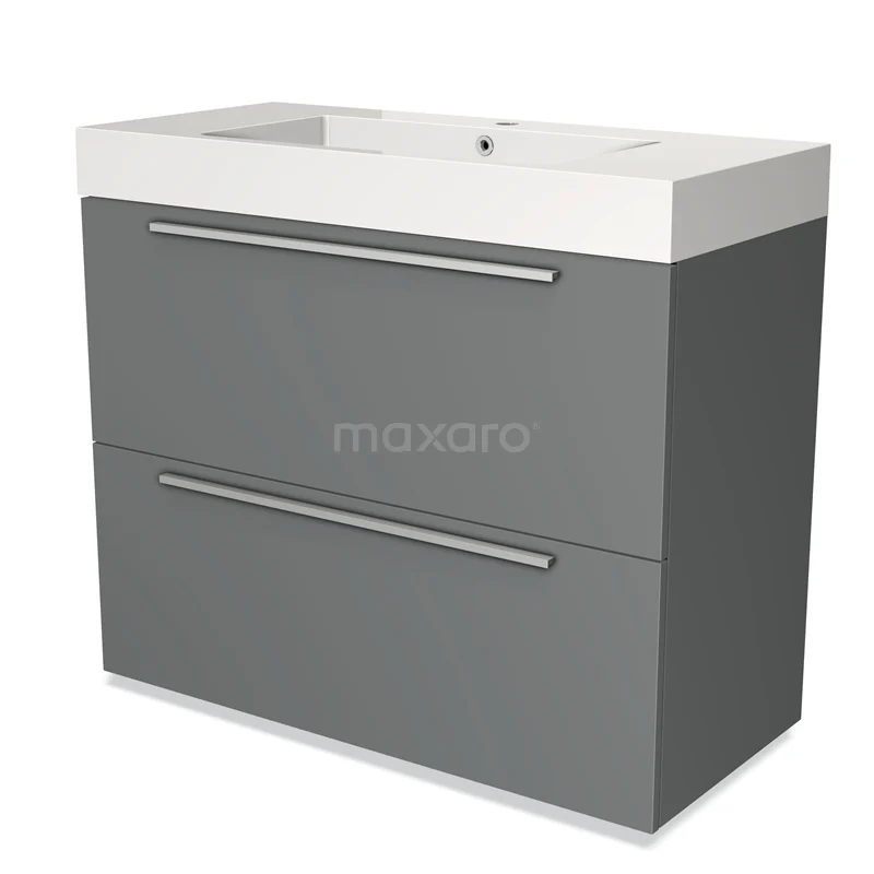 Grijze badkamerkast met twee laden en witte geïntegreerde wastafel, modern design, ideaal voor stijlvolle badkameropslag.