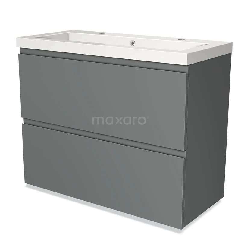 Grijze badkamermeubelset met mat afwerking, twee lades en een brede wastafel van keramiek, modern en praktisch design.