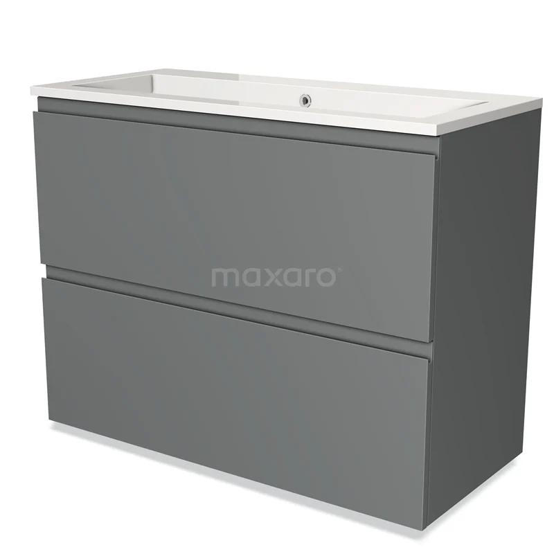 Grijs badkamermeubel met twee lades en witte wastafel, modern design, ideale opbergruimte voor een georganiseerde badkamer.