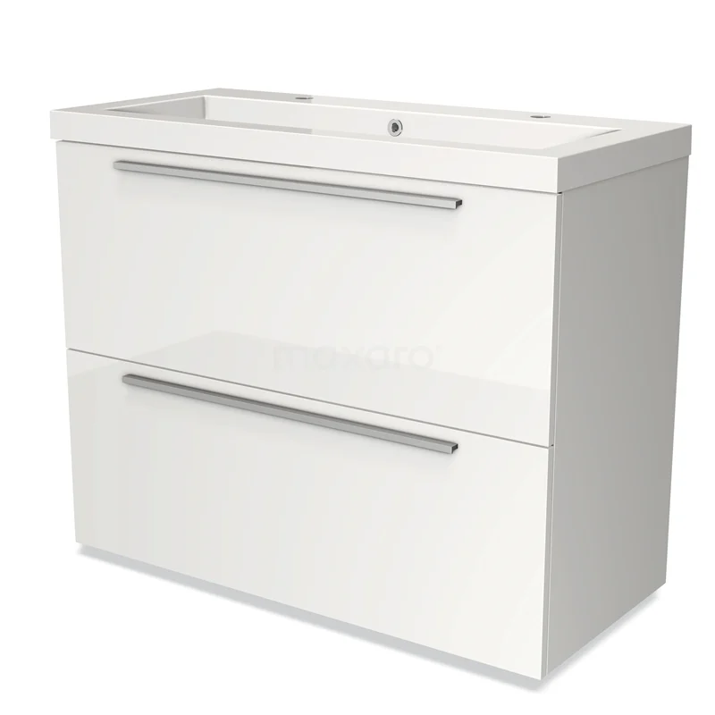 Badmöbel 100cm Modulo Hochglanz Weiß 2 hohe Schubladen Flaches Waschbecken Mineralguss BMW13-00636 Weißer Badschrank mit zwei Schubladen, glänzender Oberfläche und integriertem Waschbecken, ideal für moderne Badezimmerlagerung.