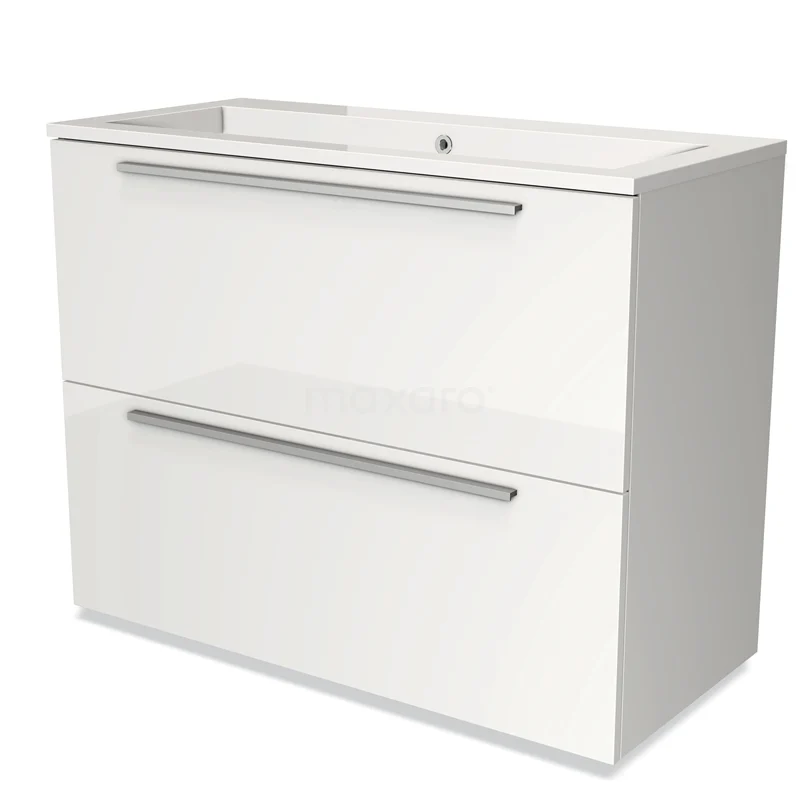 Badmöbel 100cm Modulo Hochglanz Weiß 2 hohe Schubladen Flaches Waschbecken Mineralguss BMW13-00637 Weißer Badschrank mit zwei Schubladen, glänzender Oberfläche und integriertem Waschbecken. Modernes Design für funktionalen Badezimmerstil.