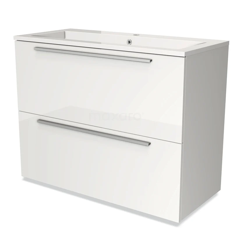 Badmöbel 100cm Modulo Hochglanz Weiß 2 hohe Schubladen Flaches Waschbecken Mineralguss BMW13-00638 Weißes Waschtisch mit zwei Schubladen, glänzender Oberfläche und schlankem Design, perfekt für moderne Bäder.