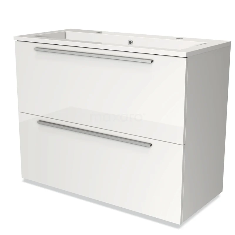Badmöbel 100cm Modulo Hochglanz Weiß 2 hohe Schubladen Flaches Waschbecken Mineralguss BMW13-00639 Weißes keramisches Badezimmermöbel mit zwei Ladefronten und integriertem Waschbecken; modernes Design mit metallischen Haltegriffen.