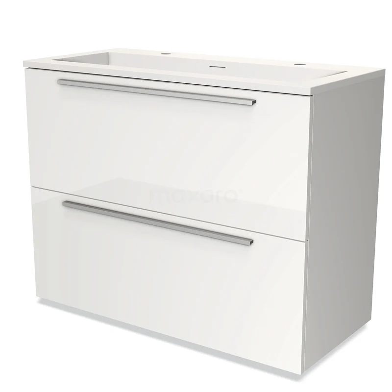 Witte badkamermeubelset met twee lades, strakke handgrepen en glanzende afwerking, ideaal voor moderne badkamerstijl.