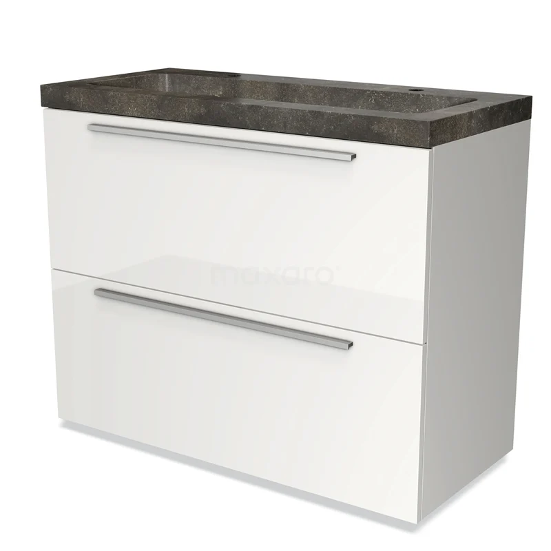 Wit badkamermeubel met twee lades en antraciet wastafelblad, strak design, ideaal voor moderne badkamers.