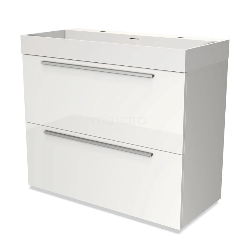 Witte badkamerkast met twee lades, strak design en chromen grepen, ideaal voor moderne badkameropslag.