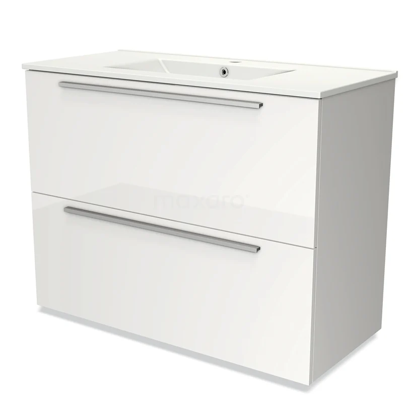 Badmöbel 100cm Modulo Hochglanz Weiß 2 hohe Schubladen Flaches Waschbecken Keramik BMW13-00650 Weißes hängendes Badezimmermöbel mit doppelten Schubladen und integriertem Waschbecken, modernes Design aus einer matte Oberfläche.