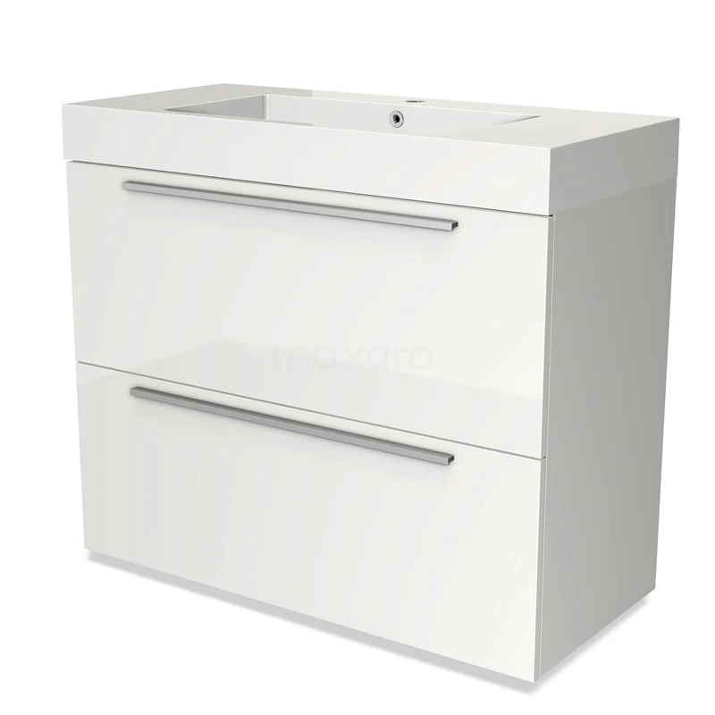 Badmöbel 100cm Modulo Hochglanz Weiß 2 hohe Schubladen Flaches Waschbecken Mineralguss BMW13-00651 Weißes hängendes Badmöbel mit zwei Schubladen, glänzender Oberfläche und integriertem Waschbecken, modernes und platzsparendes Design.