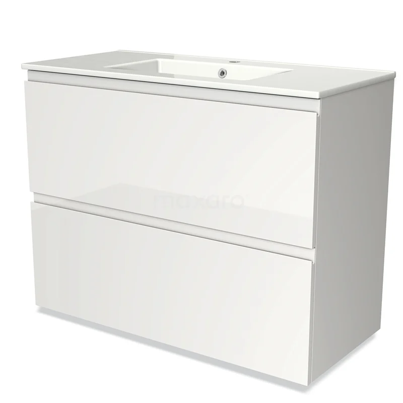 Hochglanz-Badmöbel 100cm Modulo Hochglanz Weiß 2 hohe Schubladen Griffloses Waschbecken Keramik BMW13-00673 Weißes Badezimmermöbel mit zwei Schubladen, Hochglanz-Finish, einschließlich integrierter Waschbecken, modernes Design.