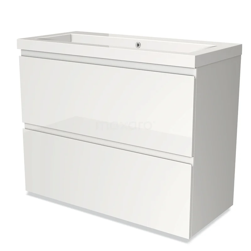 Hochglanz-Badmöbel 100cm Modulo Hochglanz Weiß 2 hohe Schubladen Griffloses Waschbecken Mineralguss BMW13-00674 Weißes Badezimmermöbel mit glänzender Oberfläche, zwei Schubladen und einem integrierten Waschbecken; ideal für moderne Badezimmer.