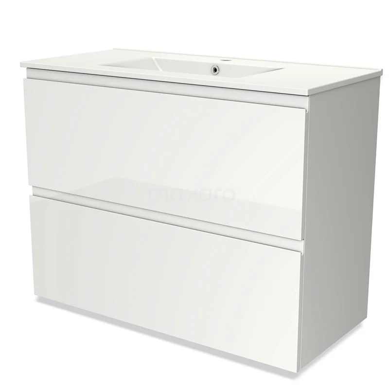 Witte badkamermeubel met twee lades, modern design met glanzende afwerking, inclusief geïntegreerde wastafel van keramiek.