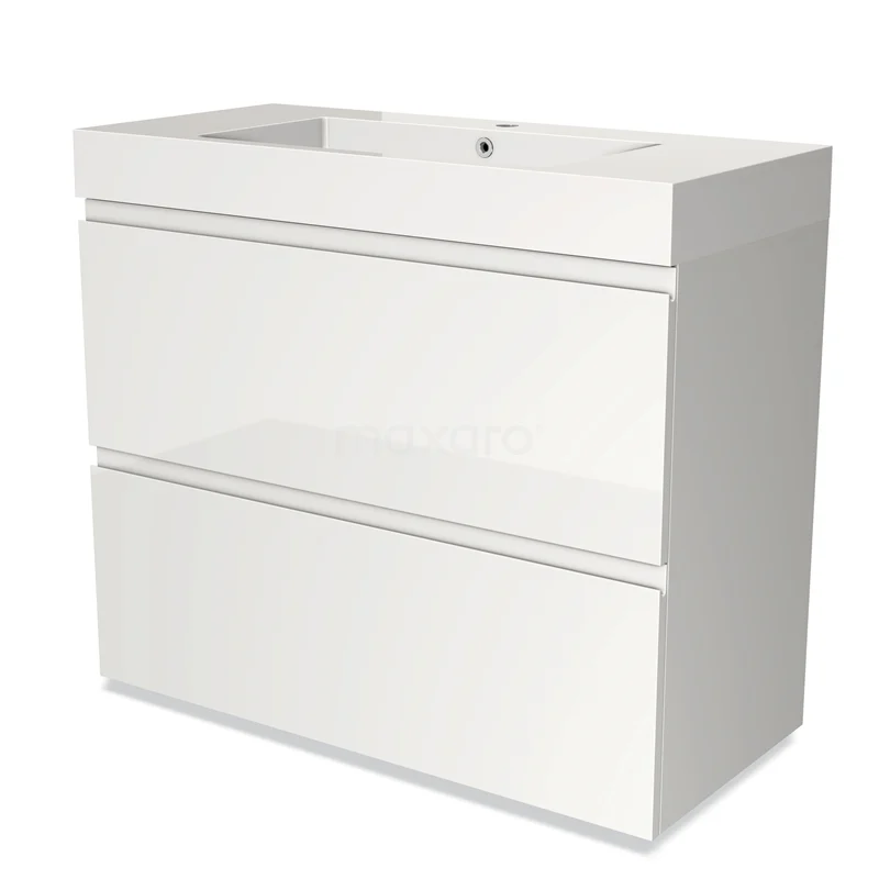 Wit badkamermeubel met dubbele lades en geïntegreerde wastafel, modern design van hoogglans materiaal.