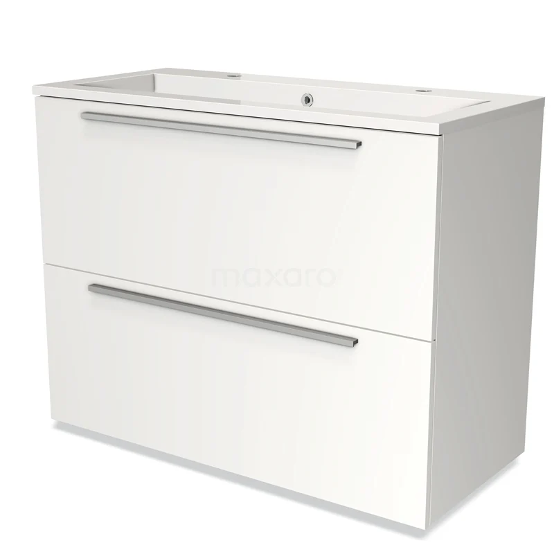 Badmöbel 100cm Modulo Matt Weiß 2 hohe Schubladen Flaches Waschbecken Mineralguss BMW13-00699 Weiße Badmöbel mit zwei Softclose-Schubladen, modernes Design, ausgestattet mit einem Waschbecken, ideal für kompakte Bäder.