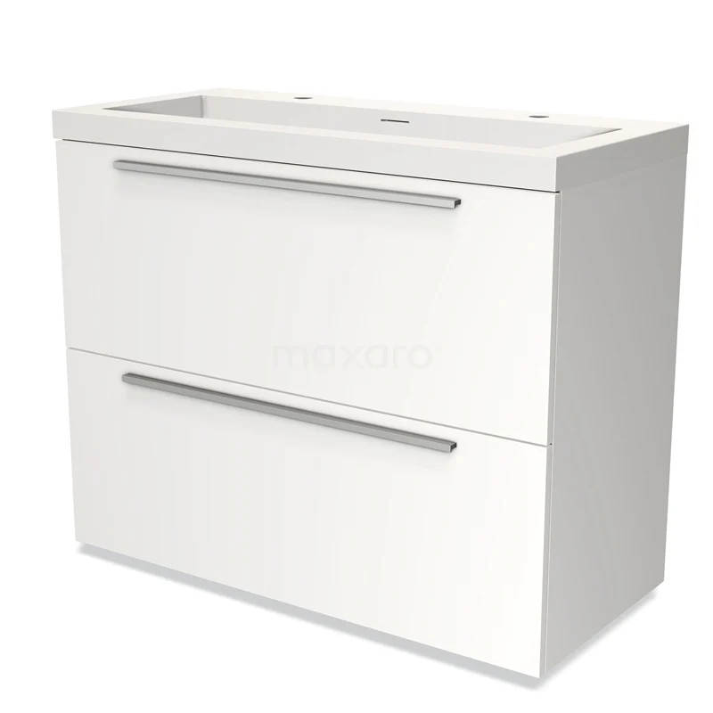 Badmöbel 100cm Modulo Matt Weiß 2 hohe Schubladen Flaches Waschbecken Solid Surface BMW13-00700 Weiße moderne Waschbeckenunterschrank mit zwei Schubladen, schlichten Haltegriffen und glänzender Oberfläche, perfekt für jedes Badezimmer.