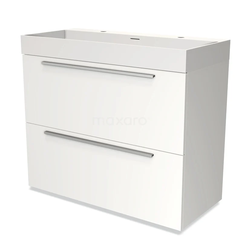 Badmöbel 100cm Modulo Matt Weiß 2 hohe Schubladen Flaches Solid Surface Waschbecken BMW13-00704 Weiße Badmöbel mit zwei Schubladen, modernes Design, metallische Haltegriffe und langlebiges Material für stilvolle Badezimmerlagerung.
